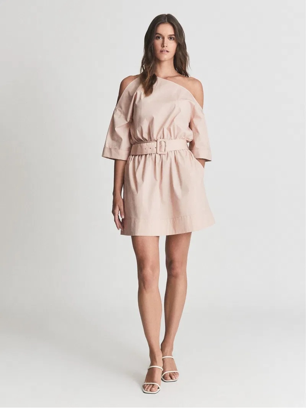 Reiss Cold-Shoulder Belted Mini Dress in Pale Pink